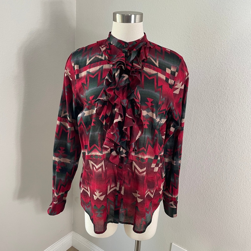 Lauren Ralph Lauren Womens Large Red Western Aztec Button Up Ruffle Shirt Blouse